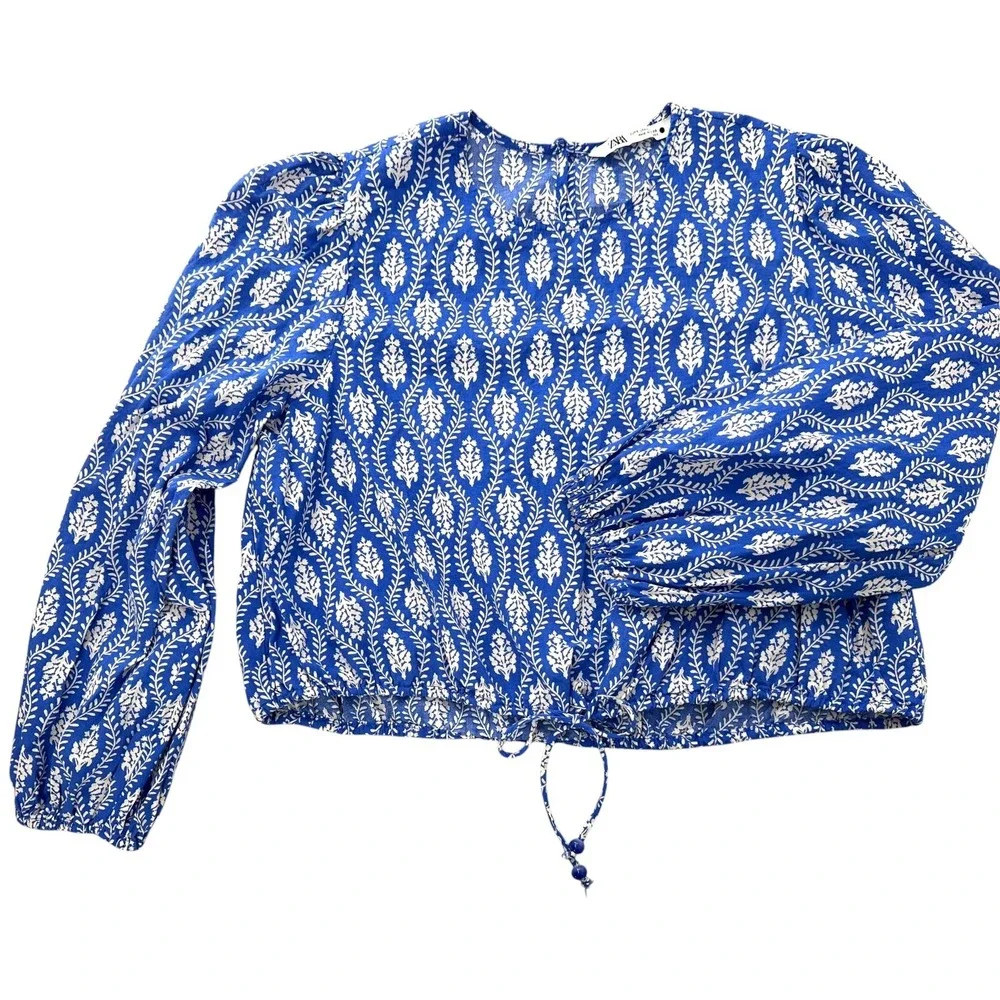 ZARA Oversized Crop Top Blue Cotton Drawstring Long Ballon Sleeves Women's Small